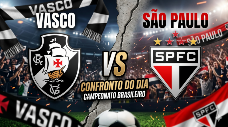 Escudos de Vasco x São Paulo em imagem de confronto do Brasileirão